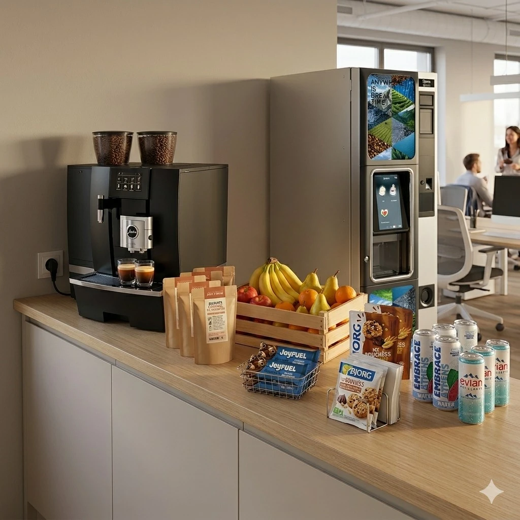 Espace pause-café en entreprise avec machine à grains et collaborateurs